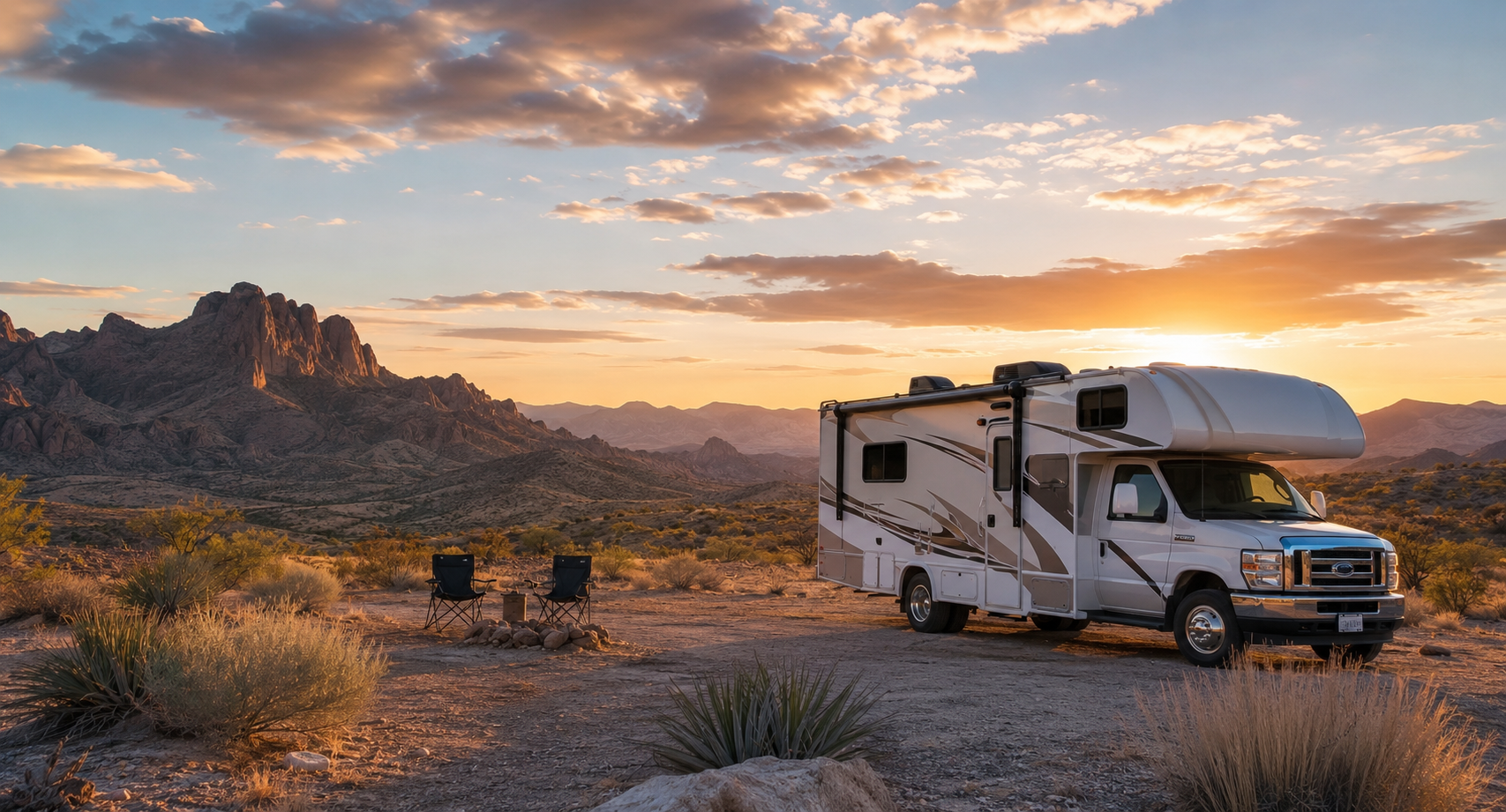 RV camping in a desert mountain landscape during sunset with a motorhome and outdoor seating setup