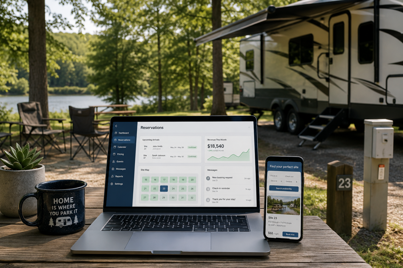 AI-powered RV park booking and management system at a modern campground 
