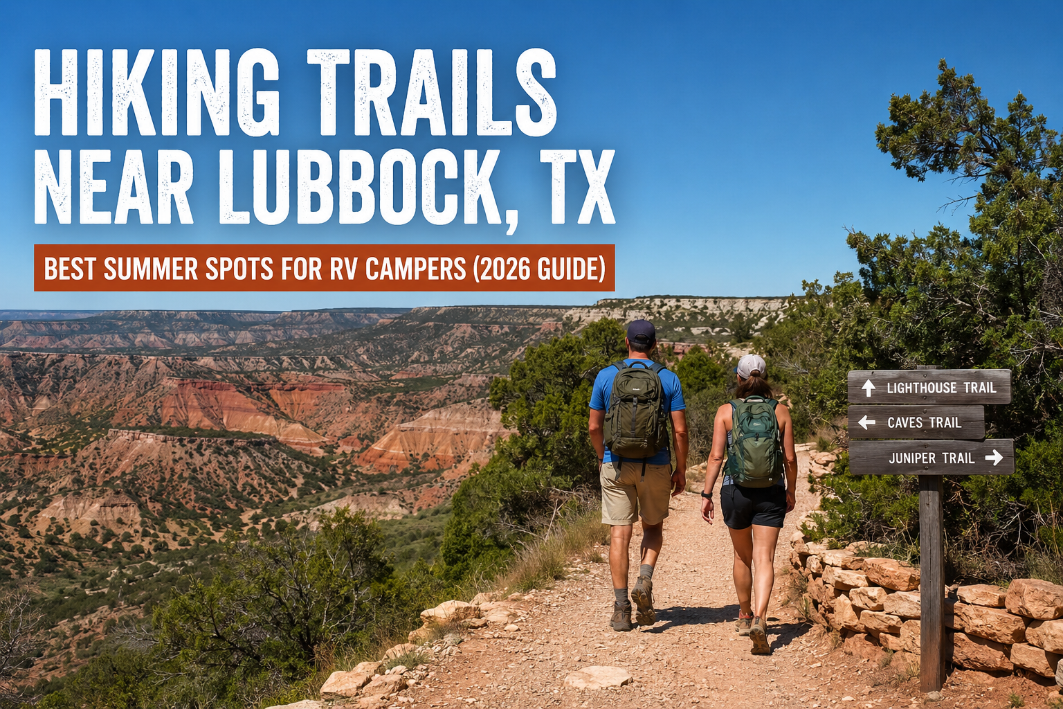 Hikers on a canyon trail near Lubbock, TX, in summer. 