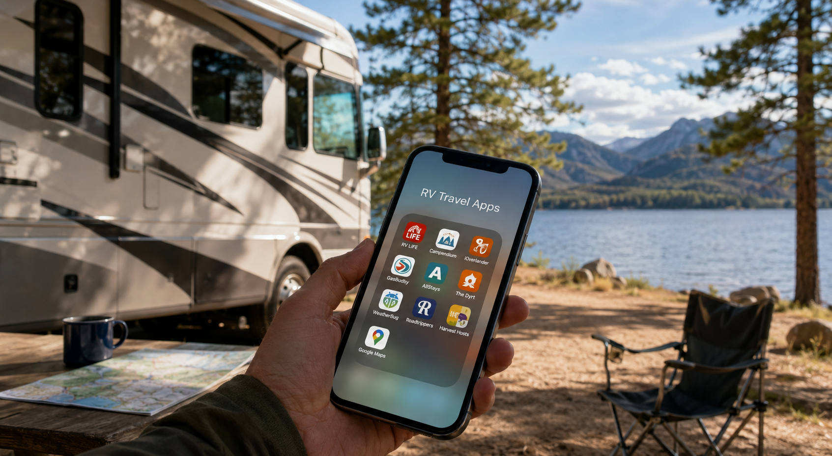 Traveler using RV travel apps beside a parked RV at a scenic campground.