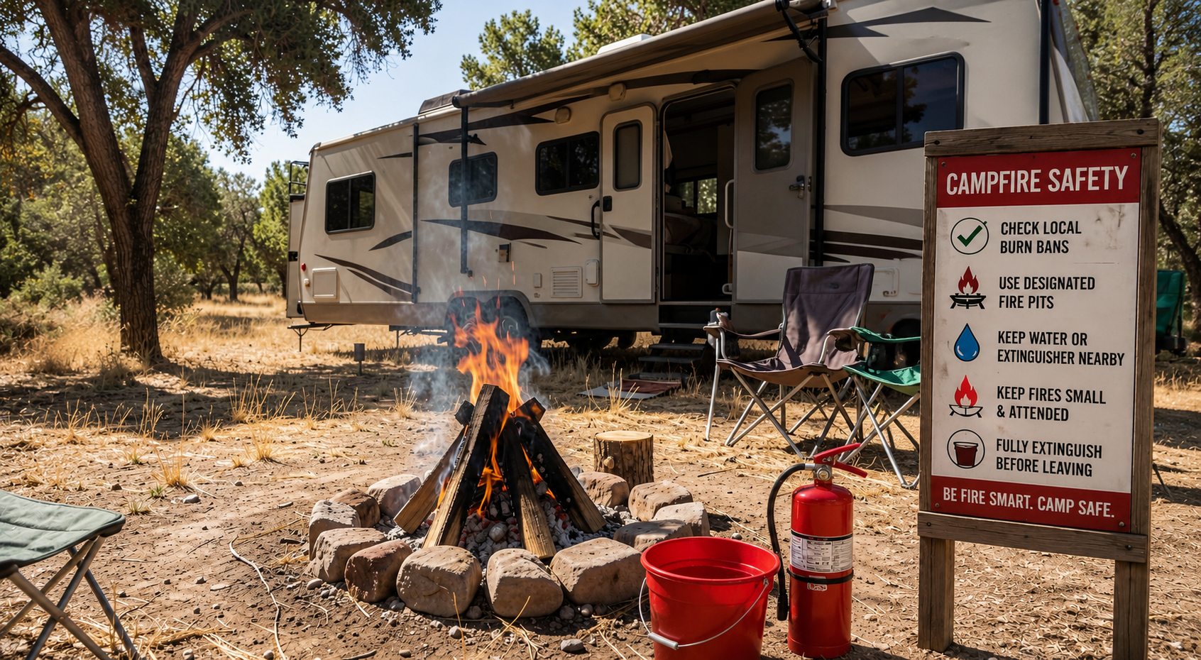 RV campfire safety during dry summer camping with a fire pit and safety equipment.
